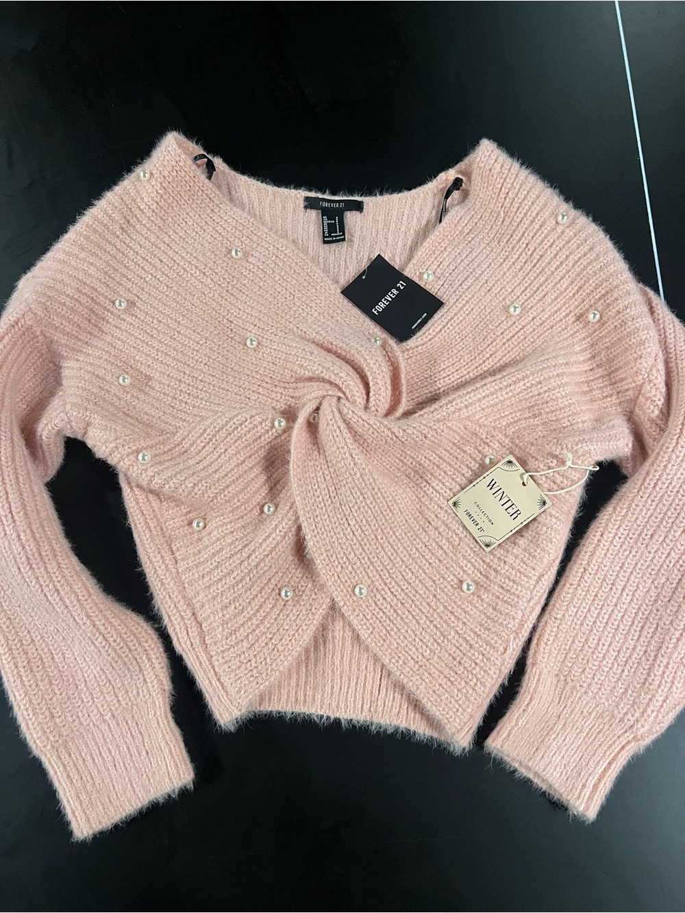 Forever 21 Blush Pink Pearl-Embellished Twist V-Neck Sweater